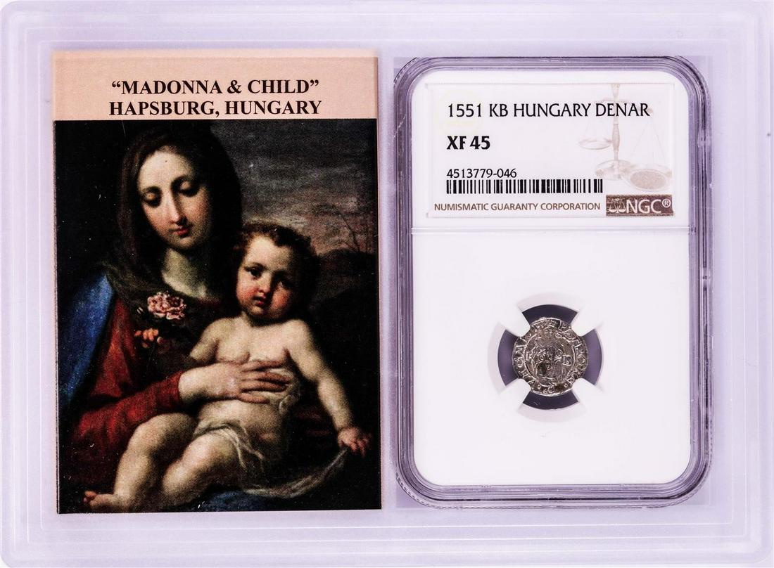 1551 KB Hungary Denar 'Madonna and Child' Coin NGC XF45: One 1551 KB Hungary Denar 'Madonna and Child' Coin NGC XF45 w/ Story Box. NGC Certified.