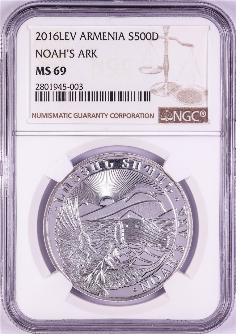 2016-LEV Armenia 500 Dram Noah's Ark Silver Coin NGC: One 2016-LEV Armenia 500 Dram Noah's Ark Silver Coin NGC MS69. NGC Certified.