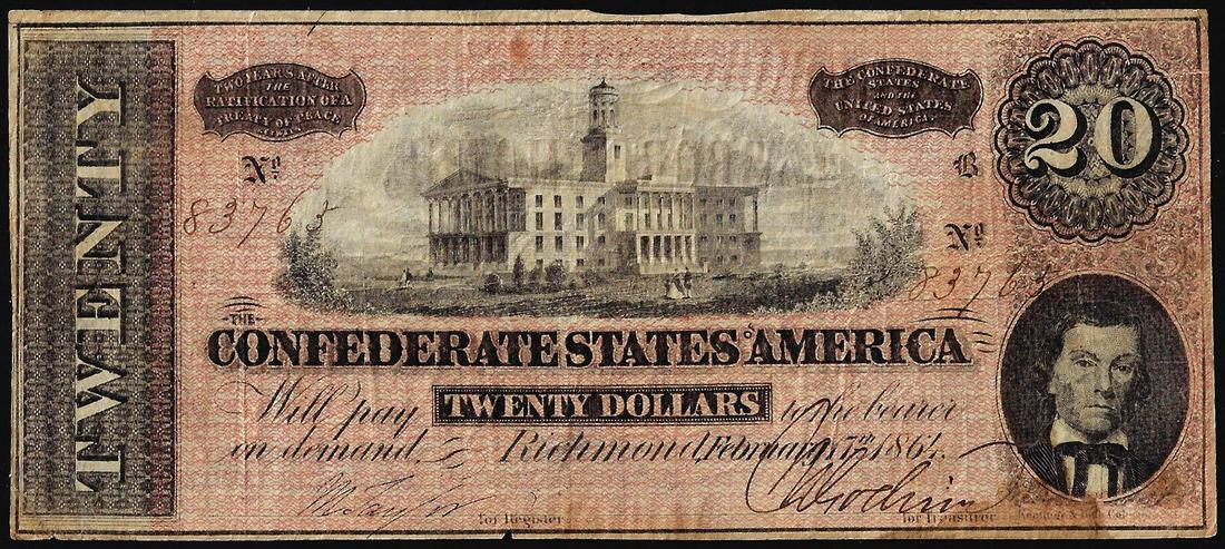 1864 $20 Confederate States of America Note with: One 1864 $20 Confederate States of America Note with Yarborouh House Advertisement.