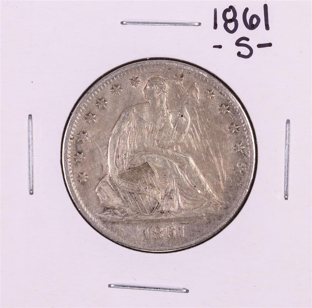 1861-S Seated Liberty Half Dollar Coin: One 1861-S Seated Liberty Half Dollar Coin.