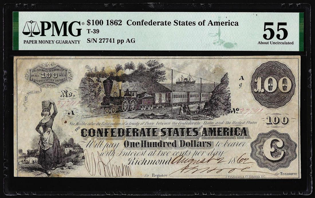 1862 $100 Confederate States of America Note T-39 PMG: One 1862 $100 Confederate States of America Note T-39 PMG About Uncirculated 55. PMG Certified.