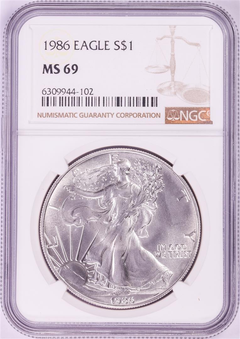 1986 $1 American Silver Eagle Coin NGC MS69: One 1986 $1 American Silver Eagle Coin NGC MS69. NGC Certified.