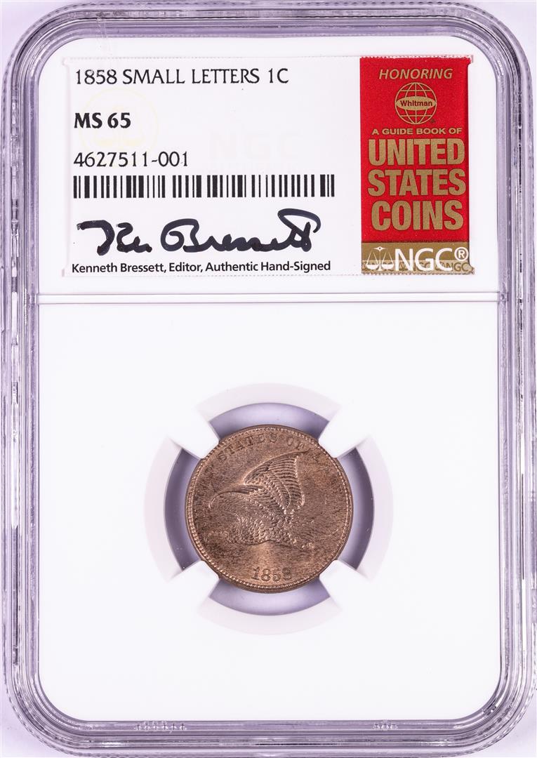 1858 Small Letters Flying Eagle Cent Coin NGC MS65: One 1858 Small Letters Flying Eagle Cent Coin NGC MS65 Kenneth Bressett Signature. NGC Certified.