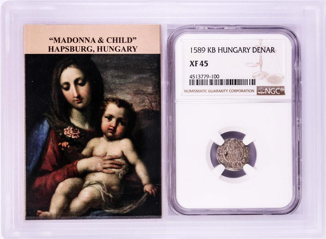 1589 KB Hungary Denar 'Madonna and Child' Coin NGC XF45: One 1589 KB Hungary Denar 'Madonna and Child' Coin NGC XF45 w/ Story Box. NGC Certified.