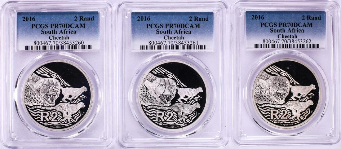 Lot of (3) 2016 Proof South Africa 2 Rand Cheetah: One Lot of (3) 2016 Proof South Africa 2 Rand Cheetah Silver Coins PCGS PR70DCAM. PCGS Graded.
