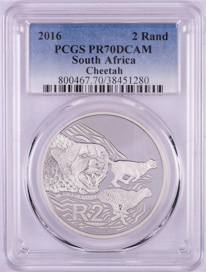2016 Proof South Africa 2 Rand Cheetah Silver Coin PCGS: One 2016 Proof South Africa 2 Rand Cheetah Silver Coin PCGS PR70DCAM. PCGS Graded.