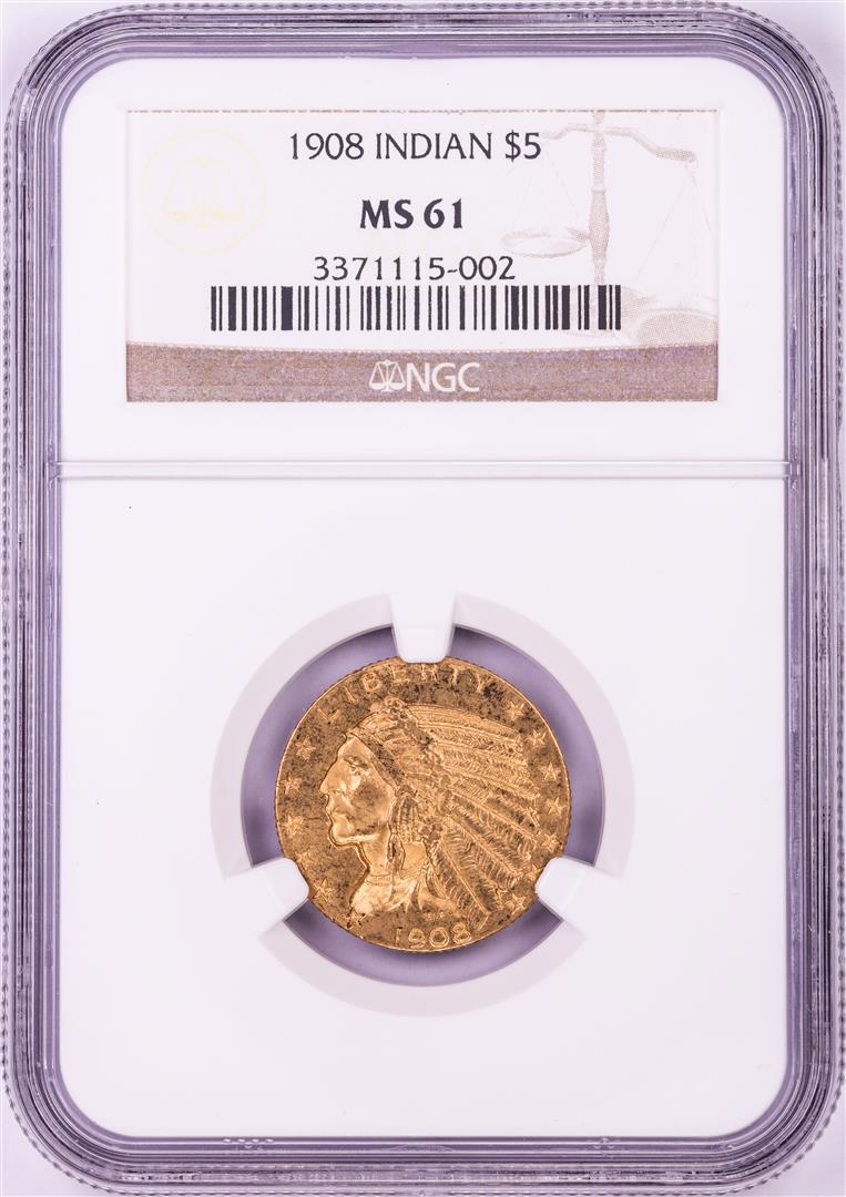 1908 $5 Indian Head Half Eagle Gold Coin NGC MS61: One 1908 $5 Indian Head Half Eagle Gold Coin NGC MS61. NGC Certified.