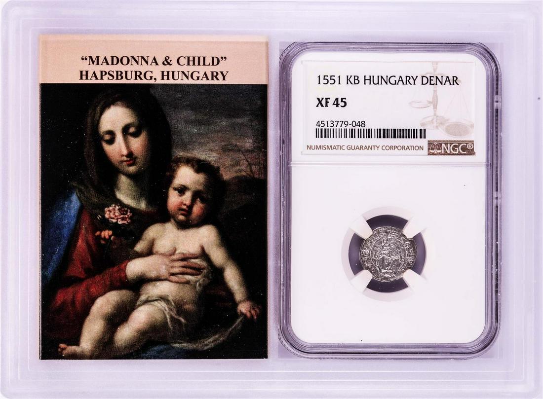 1551 KB Hungary Denar 'Madonna and Child' Coin NGC XF45: One 1551 KB Hungary Denar 'Madonna and Child' Coin NGC XF45 w/ Story Box. NGC Certified.