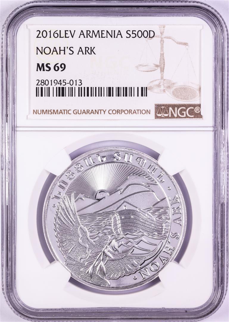 2016-LEV Armenia 500 Dram Noah's Ark Silver Coin NGC: One 2016-LEV Armenia 500 Dram Noah's Ark Silver Coin NGC MS69. NGC Certified.