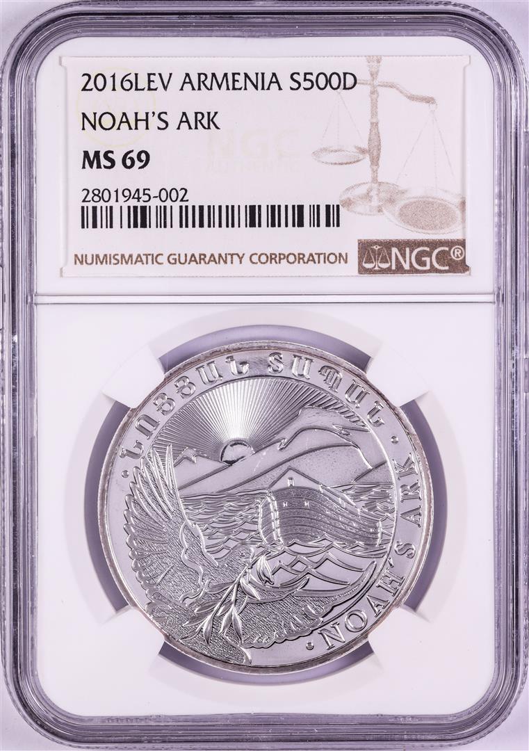 2016-LEV Armenia 500 Dram Noah's Ark Silver Coin NGC: One 2016-LEV Armenia 500 Dram Noah's Ark Silver Coin NGC MS69. NGC Certified.