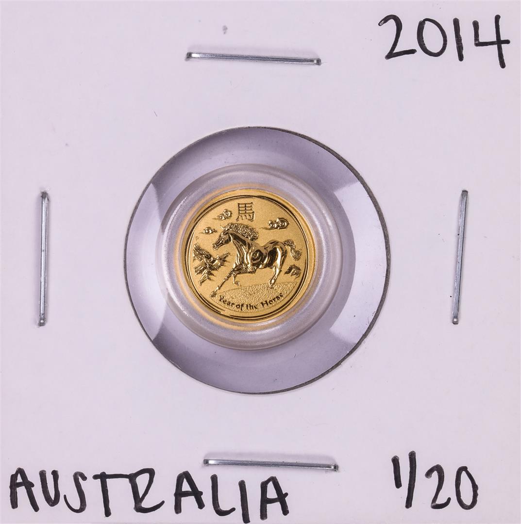 2014 Australia $5 Lunar Year of the Horse 1/20 Oz Gold: One 2014 Australia $5 Lunar Year of the Horse 1/20 Oz Gold Coin.