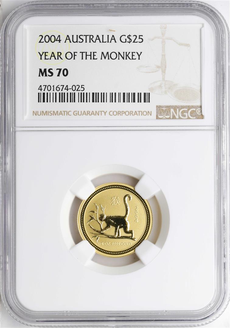2004 $25 Australia Year of the Monkey Gold Coin NGC: One 2004 $25 Australia Year of the Monkey Gold Coin NGC MS70. NGC Certified.
