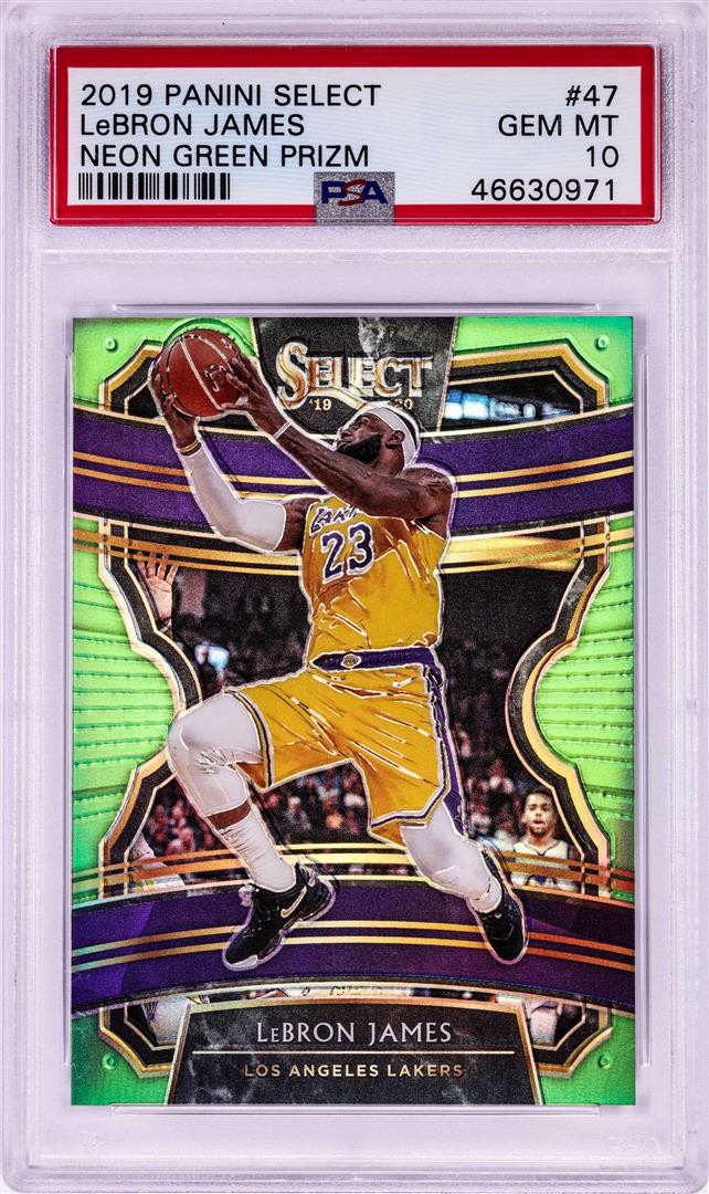 2019 Panini Select Neon Green Prizm LeBron James NBA: One 2019 Panini Select Neon Green Prizm LeBron James NBA Card #47 - 27/75 PSA Gem Mint 10. PSA Certified.