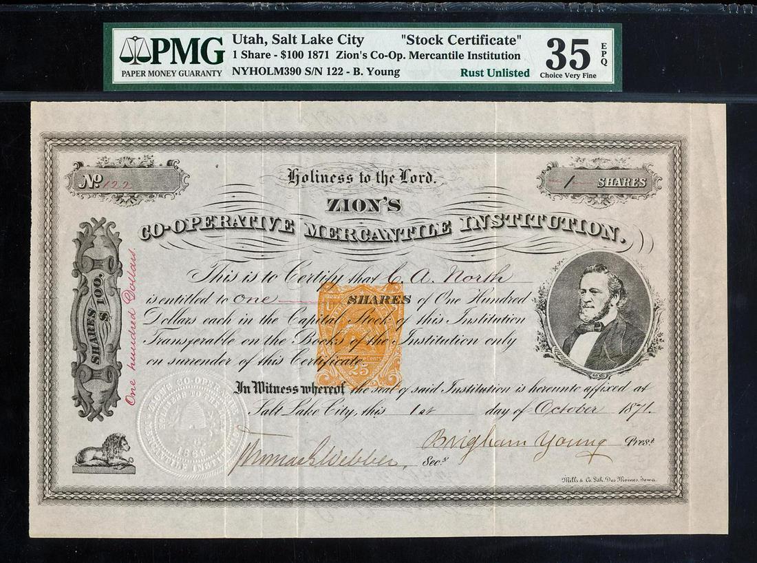 1871 "Brigham Young" Signed Stock Zion's Co-Op: One 1871 "Brigham Young" Signed Stock Zion's Co-Op Institution PMG Choice Very Fine 35EPQ. PMG Certified.