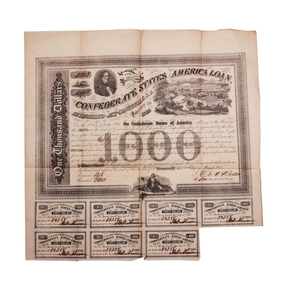 1863 $1,000 Confederate Bond Obsolete Sheet B-134: One 1863 $1,000 Confederate Bond Obsolete Sheet B-134.