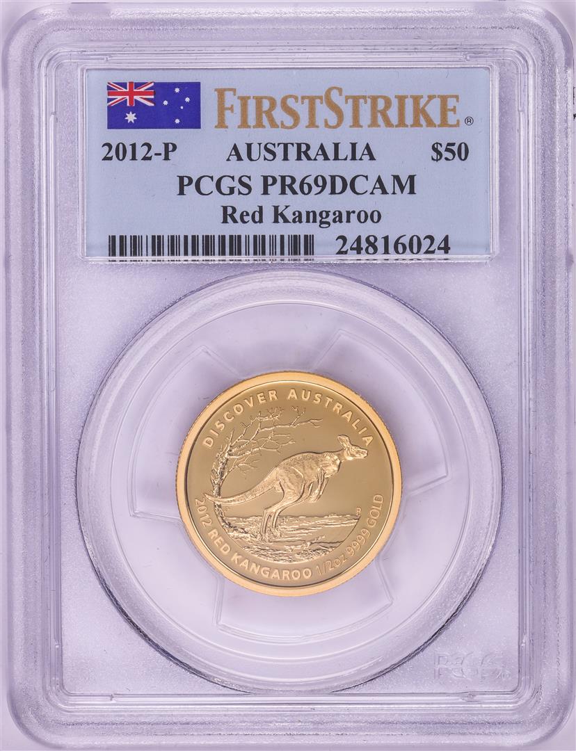 2012-P $50 Australia Red Kangaroo Proof Gold Coin PCGS: One 2012-P $50 Australia Red Kangaroo Proof Gold Coin PCGS PR69DCAM First Strike. PCGS Graded.