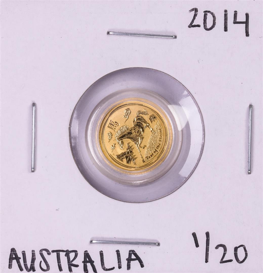 2014 Australia $5 Lunar Year of the Horse 1/20 Oz Gold: One 2014 Australia $5 Lunar Year of the Horse 1/20 Oz Gold Coin.