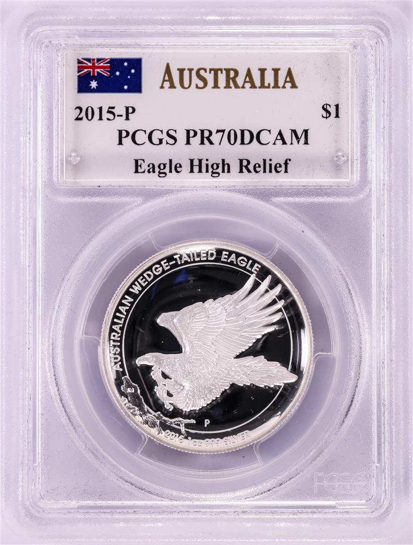 2015P High Relief Proof $1 Australian Eagle Silver Coin: One 2015P High Relief Proof $1 Australian Eagle Silver Coin PCGS PR70DCAM Mercanti Signed. PCGS Graded.
