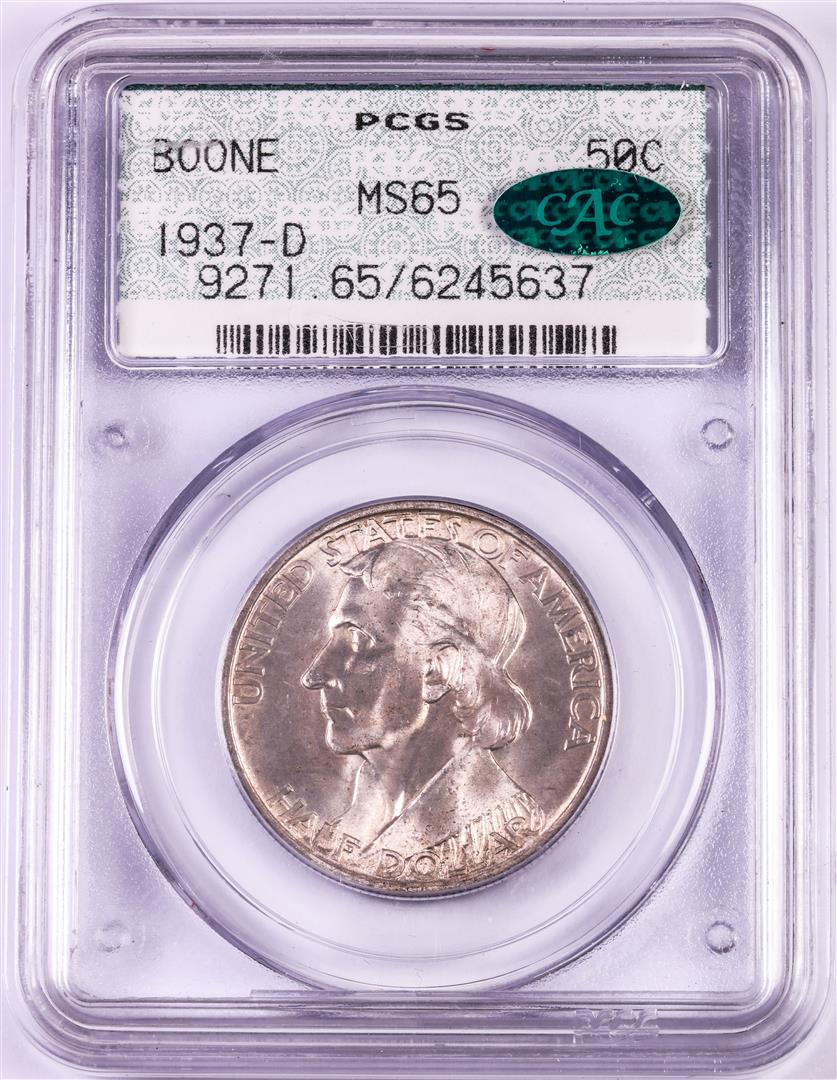 1937-D Boone Commemorative Half Dollar Coin PCGS MS65: One 1937-D Boone Commemorative Half Dollar Coin PCGS MS65 CAC Old Doily Holder. PCGS Graded.