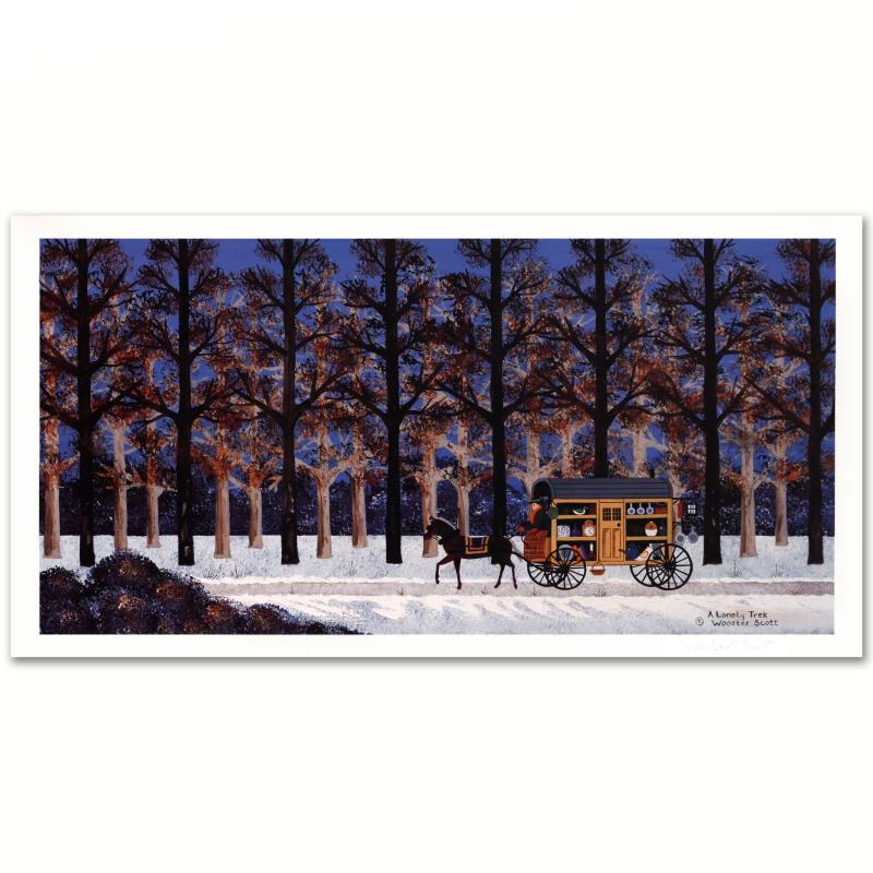 Jane Wooster Scott "A Lonely Trek" Limited Edition: Cozy, down-home images of a bygone era when life was simpler - this is the feeling captured in the creations of one of the world's most recognized artists. "A Lonely Trek" is a limited edition lithogr