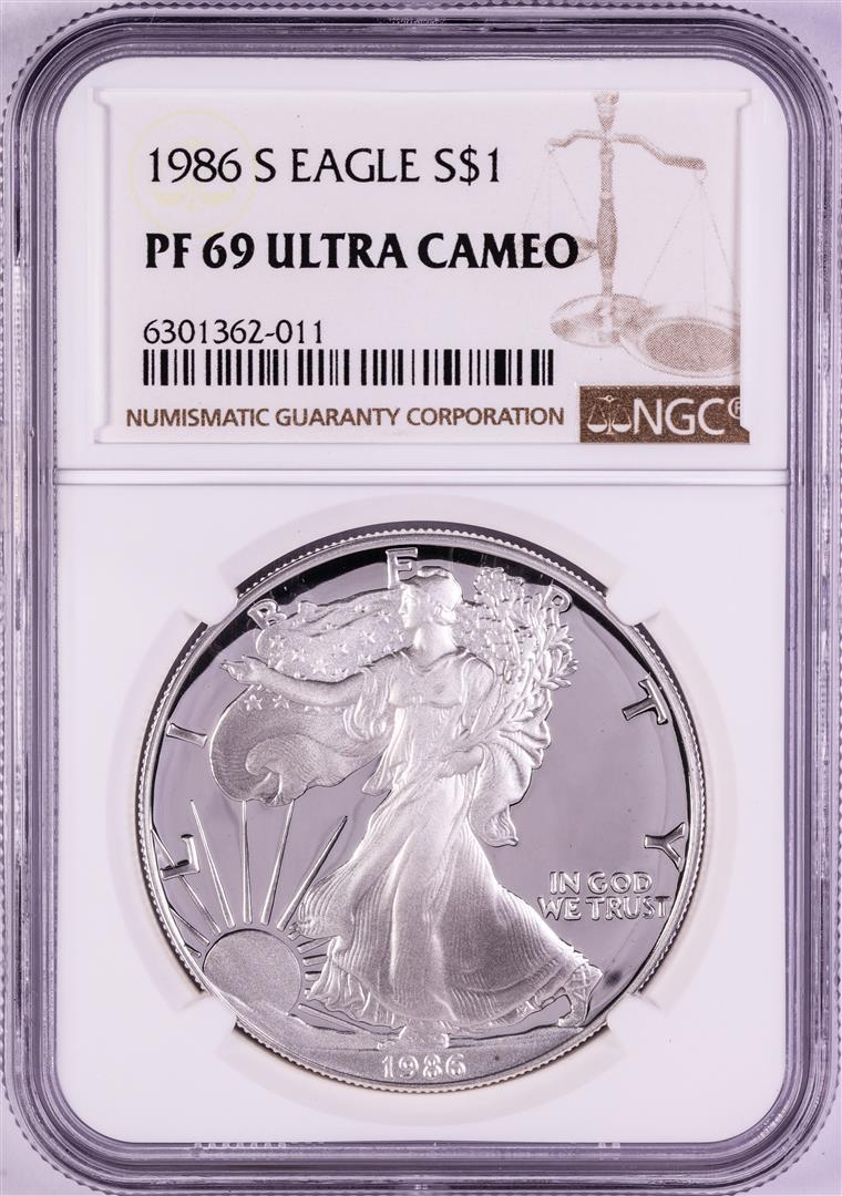 1986-S $1 Proof American Silver Eagle Coin NGC PF69: One 1986-S $1 Proof American Silver Eagle Coin NGC PF69 Ultra Cameo. NGC Certified.