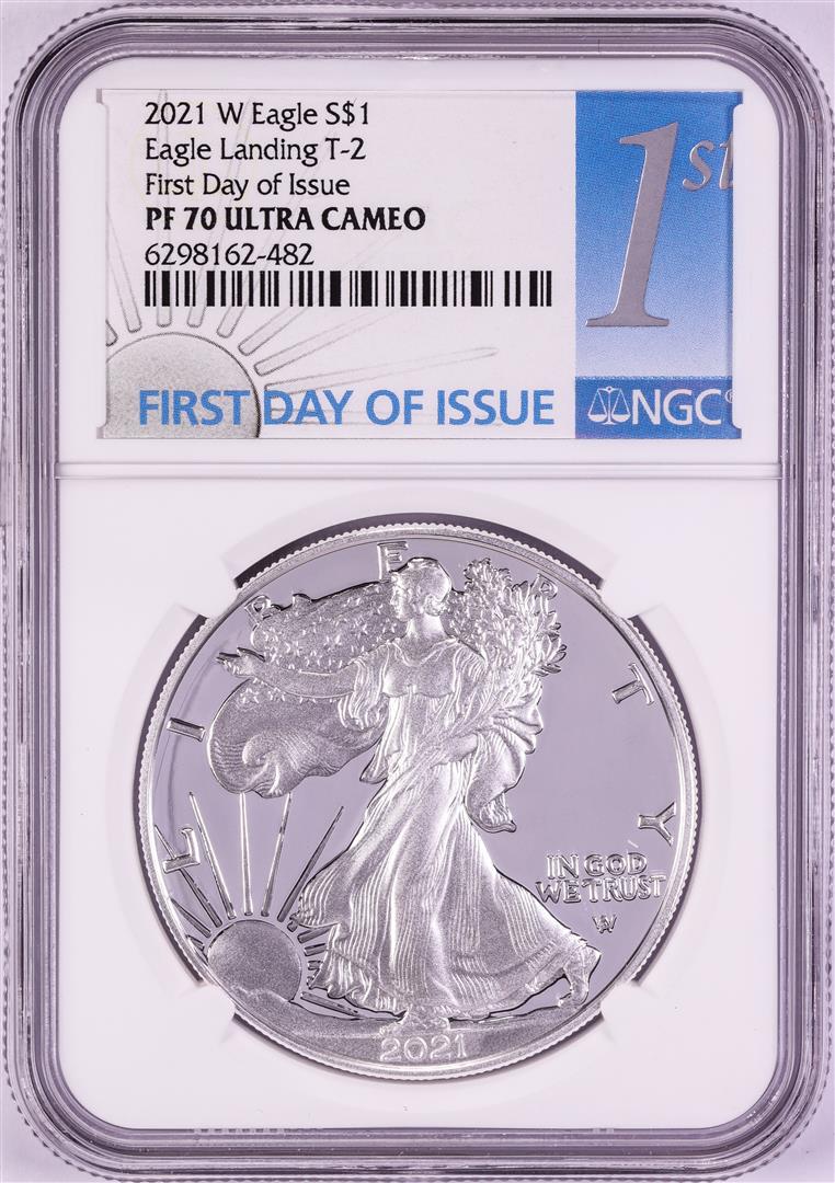 2021-W T-2 Eagle Landing $1 Proof American Silver Eagle: One 2021-W T-2 Eagle Landing $1 Proof American Silver Eagle Coin NGC PF70 Ultra Cameo FDOI. NGC Certified.