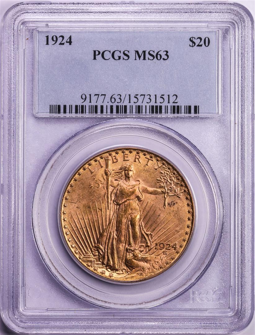 1924 $20 St. Gaudens Double Eagle Gold Coin PCGS MS63: One 1924 $20 St. Gaudens Double Eagle Gold Coin PCGS MS63. PCGS Graded.