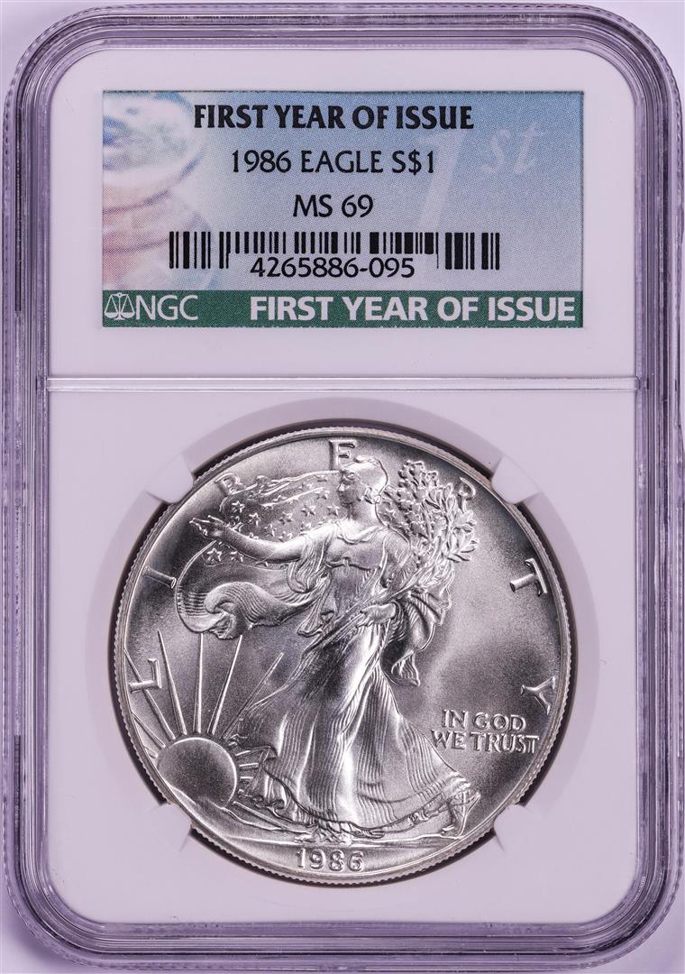 1986 $1 American Silver Eagle Coin NGC MS69 First Year: One 1986 $1 American Silver Eagle Coin NGC MS69 First Year Issue. NGC Certified.