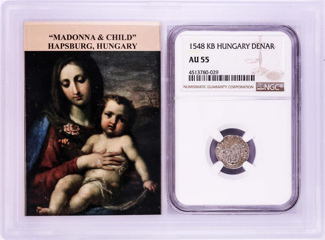 1548 KB Hungary Denar 'Madonna and Child' Coin NGC AU55: One 1548 KB Hungary Denar 'Madonna and Child' Coin NGC AU55 w/ Story Box. NGC Certified.