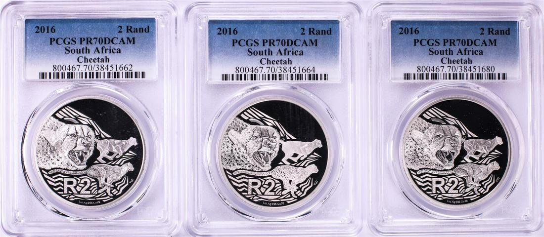 Lot of (3) 2016 Proof South Africa 2 Rand Cheetah: One Lot of (3) 2016 Proof South Africa 2 Rand Cheetah Silver Coins PCGS PR70DCAM. PCGS Graded.