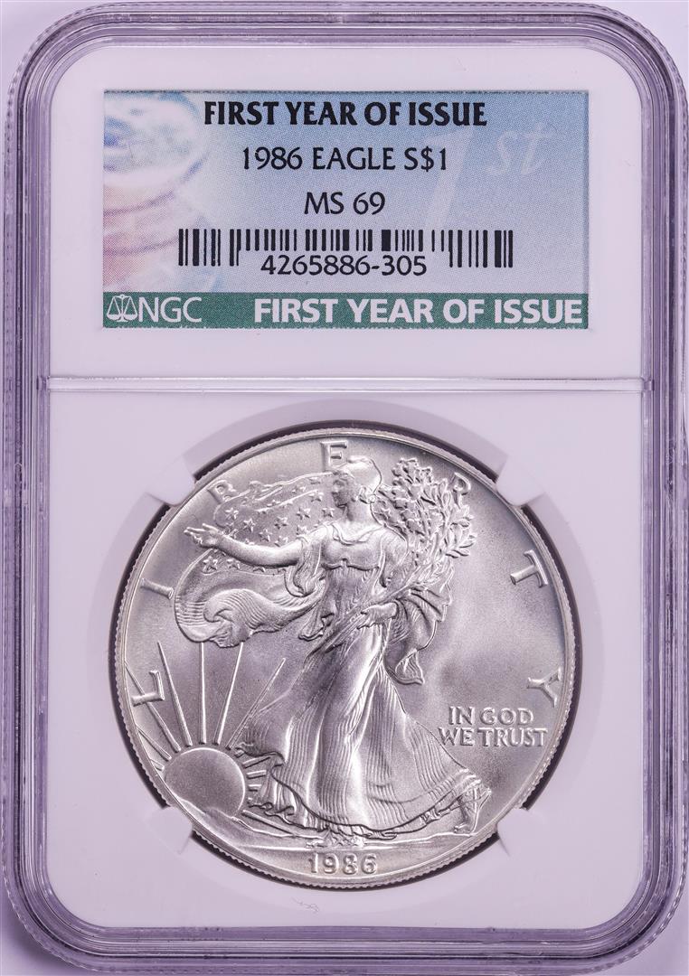 1986 $1 American Silver Eagle Coin NGC MS69 First Year: One 1986 $1 American Silver Eagle Coin NGC MS69 First Year Issue. NGC Certified.