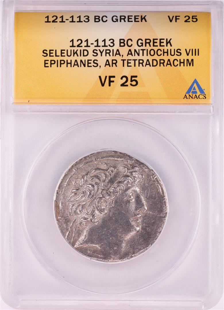 121-113 BC Ancient Greek Seleukid Syria Antiochus VIII: One 121-113 BC Ancient Greek Seleukid Syria Antiochus VIII Epiphanes Tetradrachm ANACS VF25. ANACS Certified.