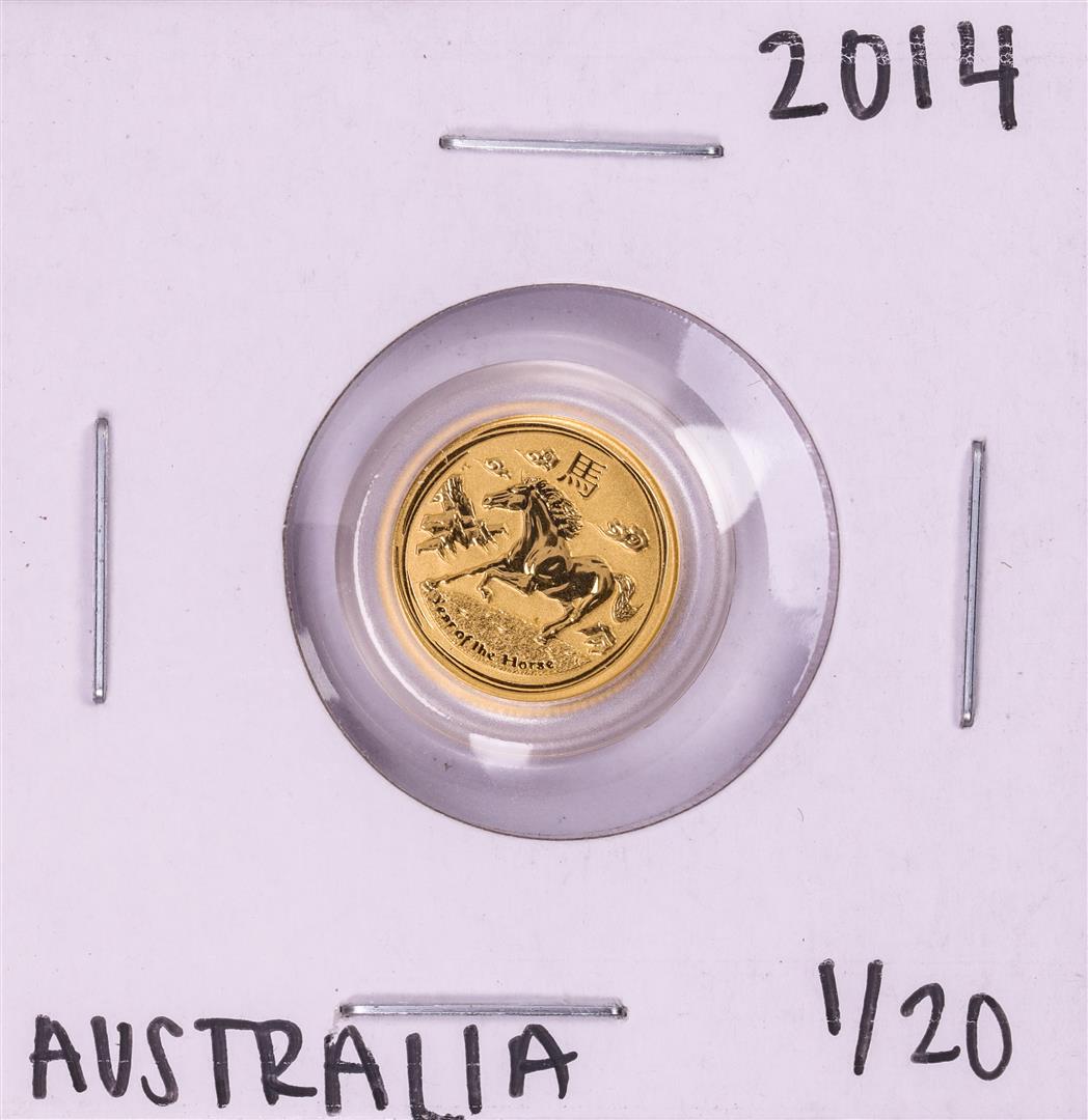 2014 Australia $5 Lunar Year of the Horse 1/20 Oz Gold: One 2014 Australia $5 Lunar Year of the Horse 1/20 Oz Gold Coin.
