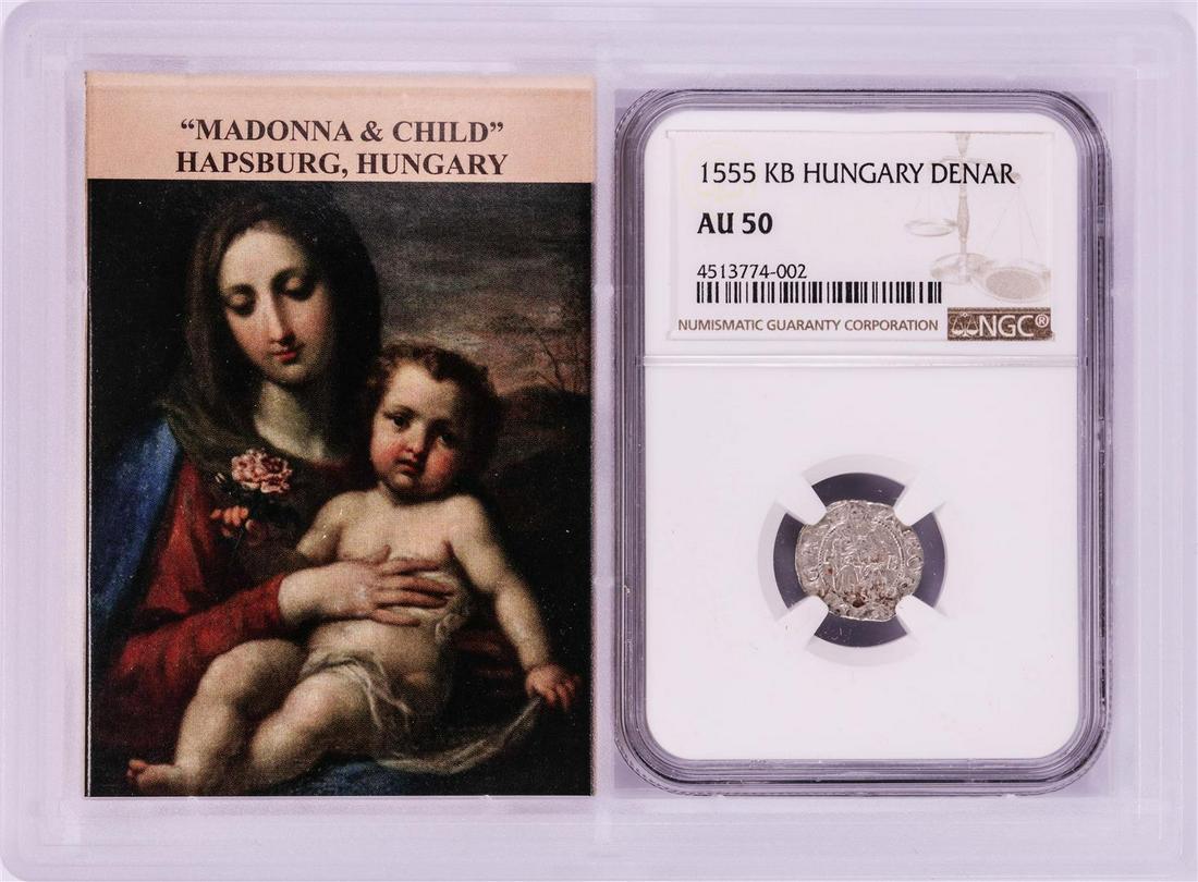 1555 KB Hungary Denar 'Madonna and Child' Coin NGC AU50: One 1555 KB Hungary Denar 'Madonna and Child' Coin NGC AU50 w/ Story Box. NGC Certified.