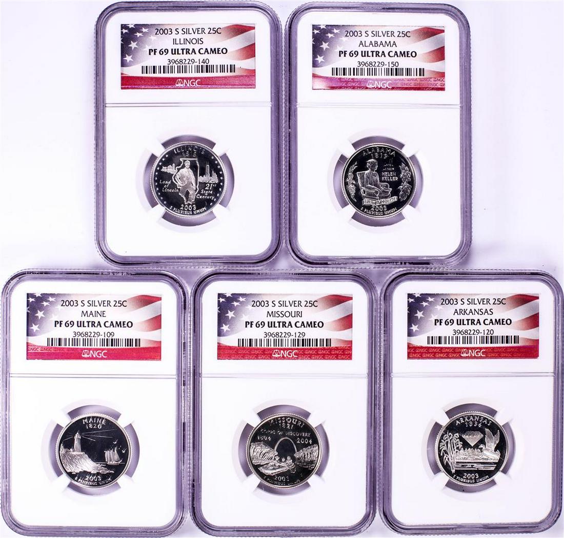 2003-S Silver Proof State Quarter (5) Coin Set NGC PF69: One 2003-S Silver Proof State Quarter (5) Coin Set NGC PF69 Ultra Cameo.