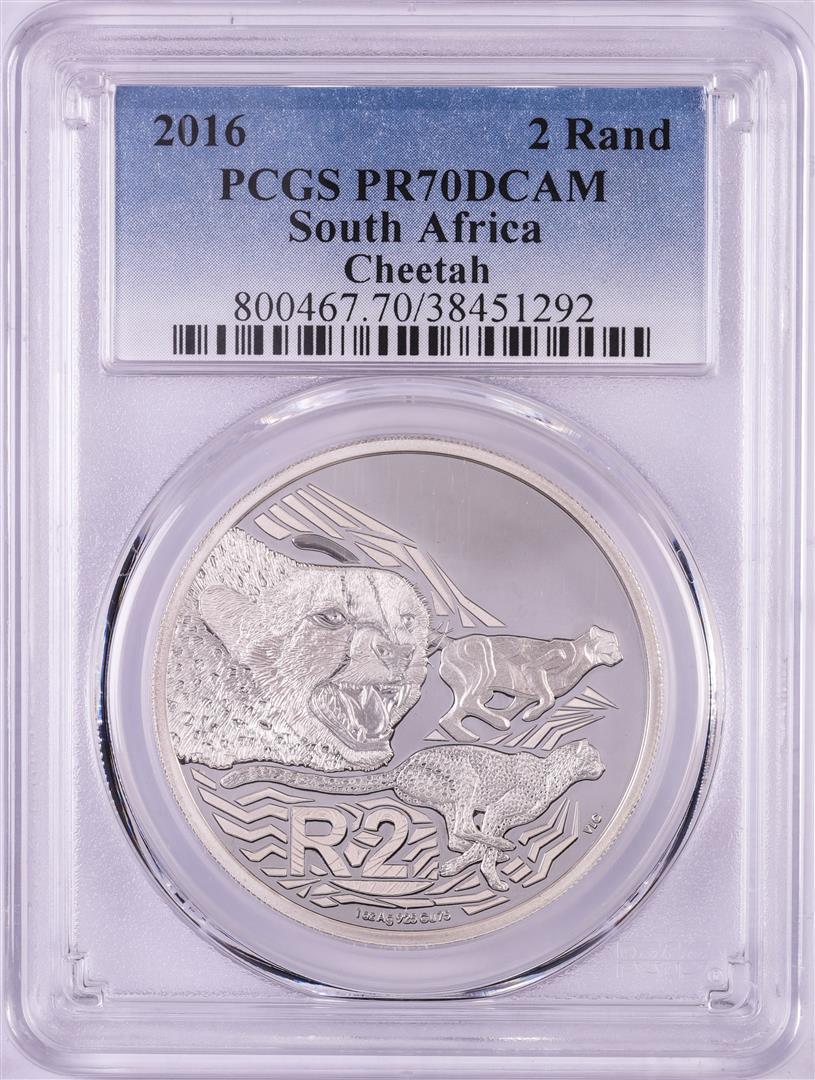 2016 Proof South Africa 2 Rand Cheetah Silver Coin PCGS: One 2016 Proof South Africa 2 Rand Cheetah Silver Coin PCGS PR70DCAM. PCGS Graded.
