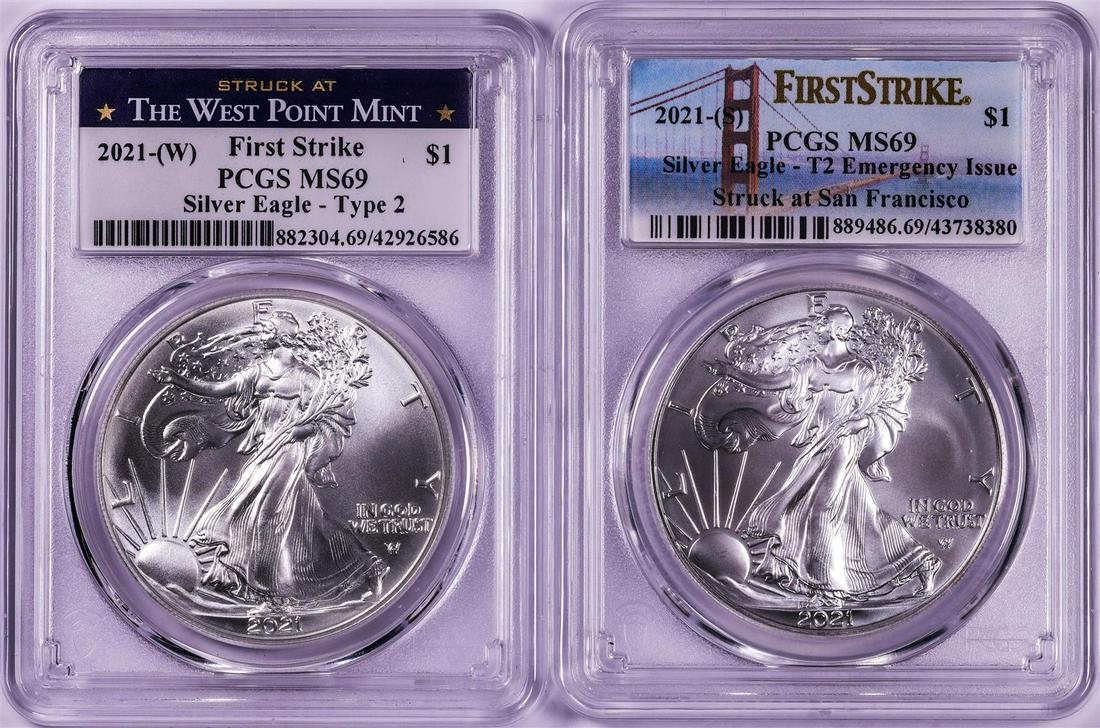 Lot of 2021-(S) & (W) Type 2 $1 American Silver Eagle: One Lot of 2021-(S) & (W) Type 2 $1 American Silver Eagle Coins PCGS MS69 First Strike.