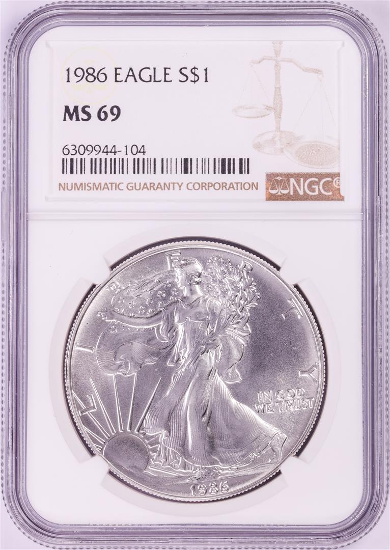 1986 $1 American Silver Eagle Coin NGC MS69: One 1986 $1 American Silver Eagle Coin NGC MS69. NGC Certified.
