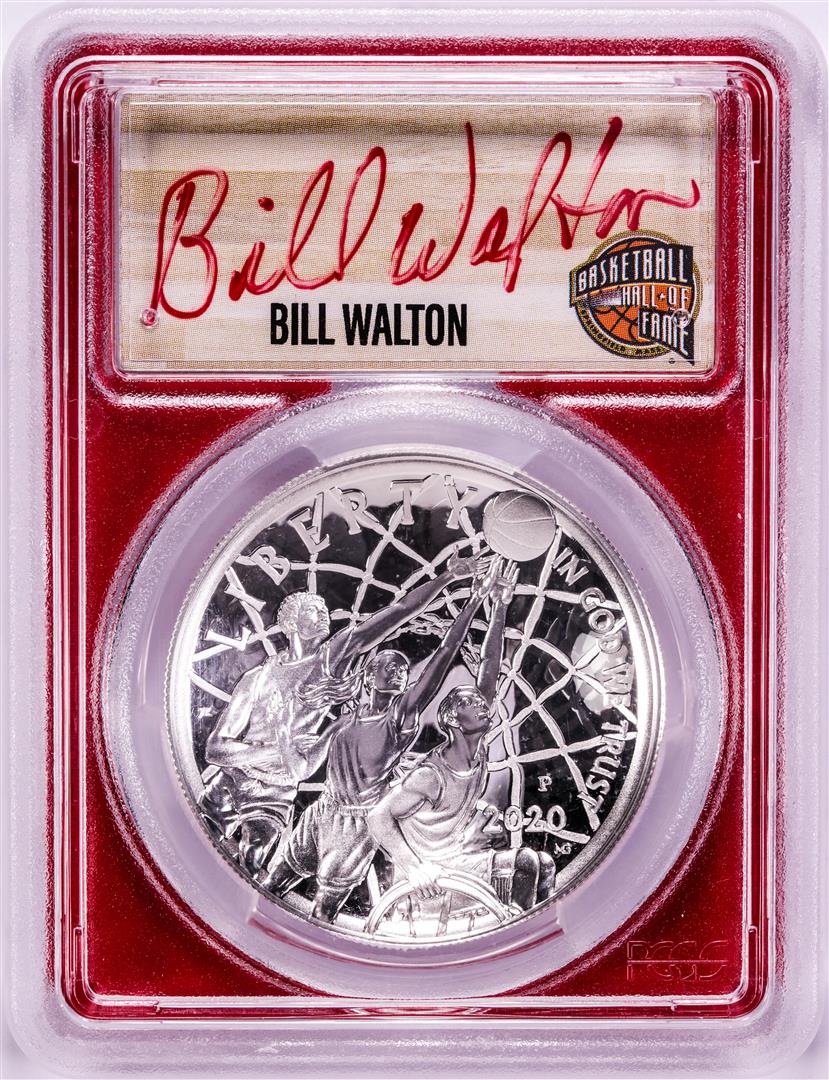 2020-P $1 Basketball HOF Silver Dollar Coin PCGS: One 2020-P $1 Basketball HOF Silver Dollar Coin PCGS PR70DCAM Bill Walton Signature FDOI. PCGS Graded.