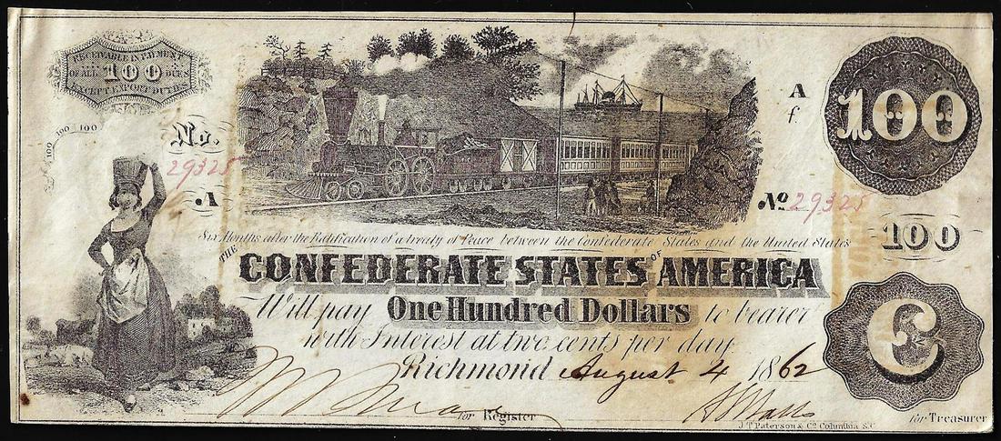 1862 $100 Confederate States of America Note: One 1862 $100 Confederate States of America Note.