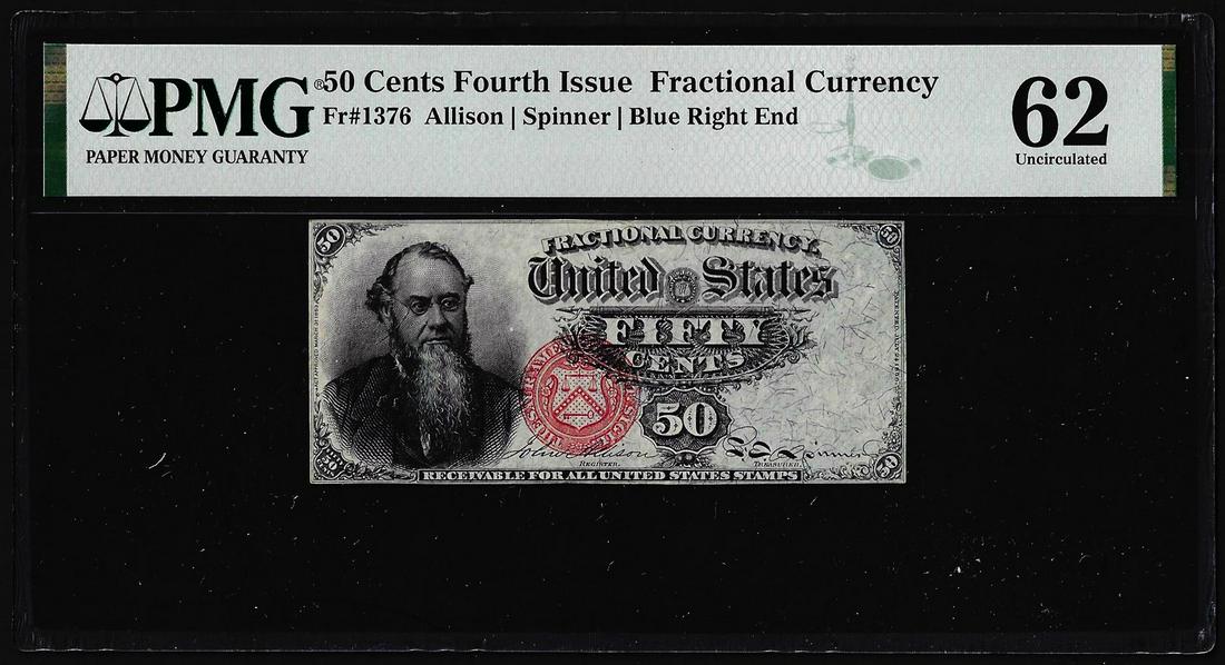 1863 Fourth Issue 50 Cent Fractional Currency Note: One 1863 Fourth Issue 50 Cent Fractional Currency Note Stanton Fr.1376 PMG Uncirculated 62. PMG Certified.