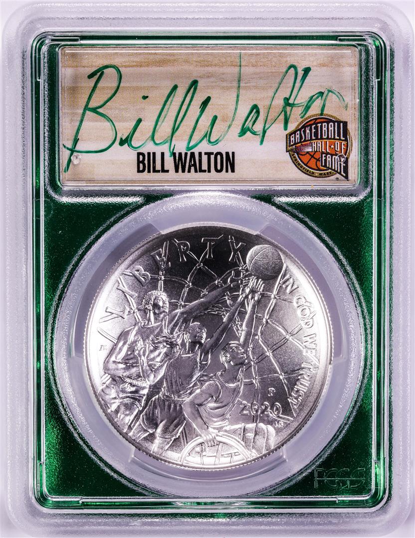 2020-P $1 Basketball HOF Silver Dollar Coin PCGS MS70: One 2020-P $1 Basketball HOF Silver Dollar Coin PCGS MS70 Bill Walton Signature FDOI. PCGS Graded.