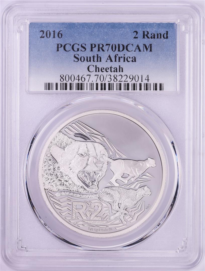 2016 Proof South Africa 2 Rand Cheetah Silver Coin PCGS: One 2016 Proof South Africa 2 Rand Cheetah Silver Coin PCGS PR70DCAM. PCGS Graded.
