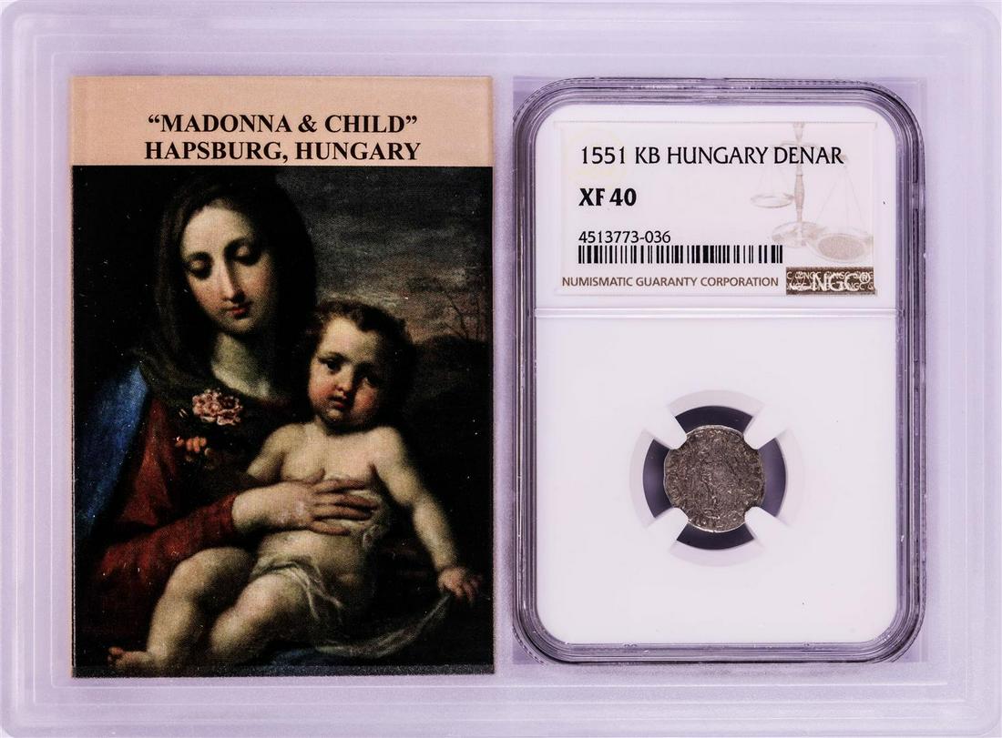1551 KB Hungary Denar 'Madonna and Child' Coin NGC XF40: One 1551 KB Hungary Denar 'Madonna and Child' Coin NGC XF40 With Story Box. NGC Certified.