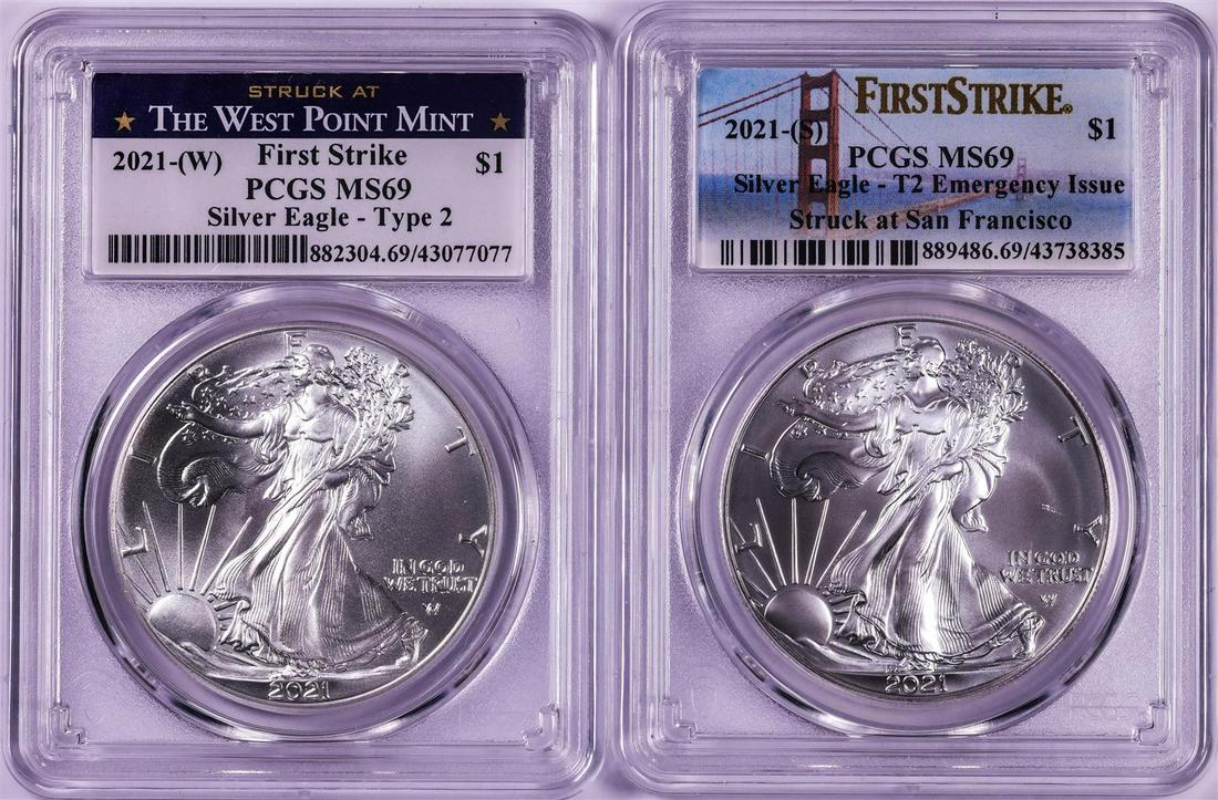 Lot of 2021-(S) & (W) Type 2 $1 American Silver Eagle: One Lot of 2021-(S) & (W) Type 2 $1 American Silver Eagle Coins PCGS MS69 First Strike.