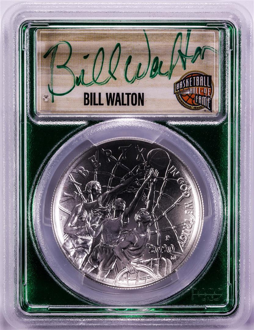 2020-P $1 Basketball HOF Silver Dollar Coin PCGS MS70: One 2020-P $1 Basketball HOF Silver Dollar Coin PCGS MS70 Bill Walton Signature FDOI. PCGS Graded.