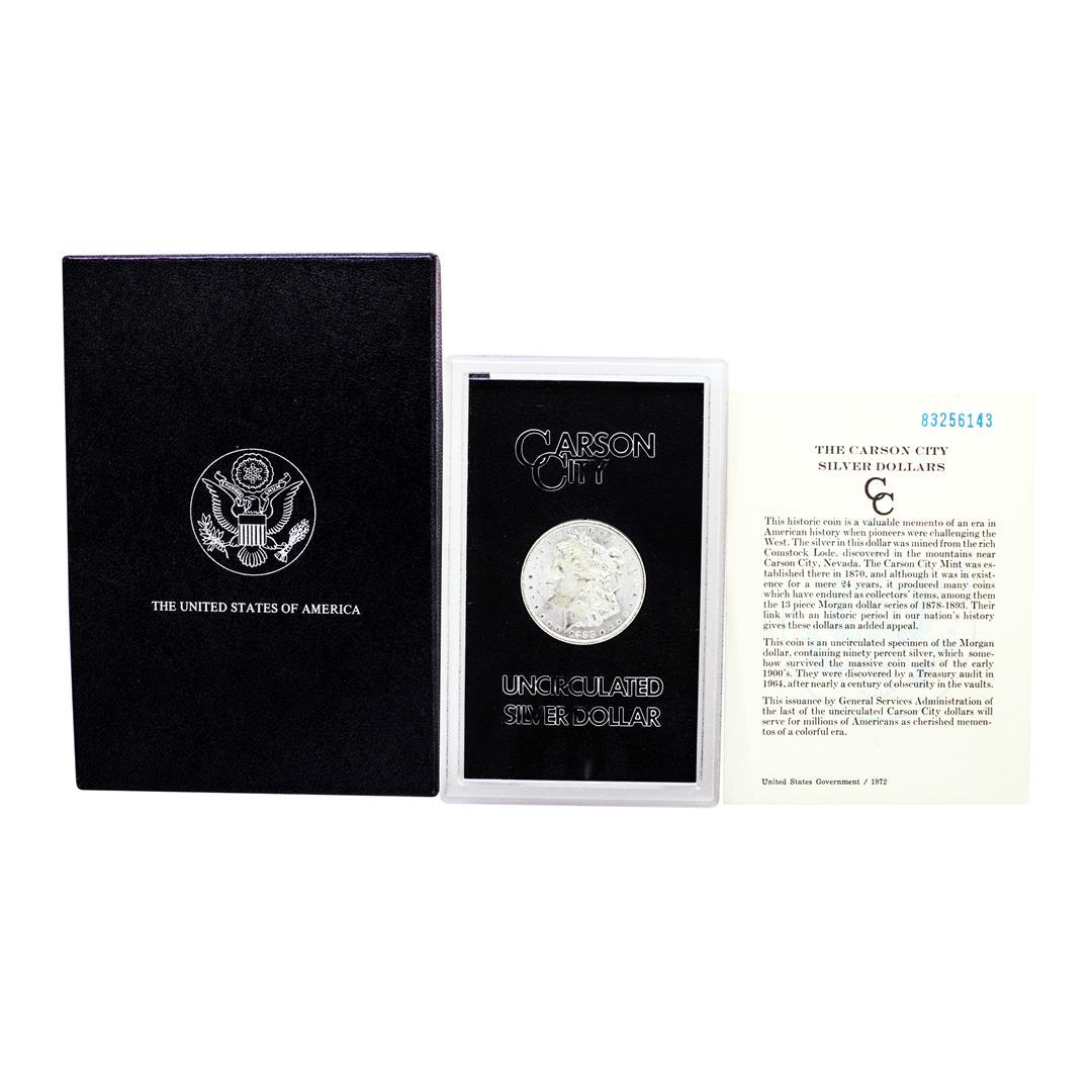 1883-CC $1 Morgan Silver Dollar Coin GSA Hoard: One 1883-CC $1 Morgan Silver Dollar Coin GSA Hoard Uncirculated w/Box & COA.