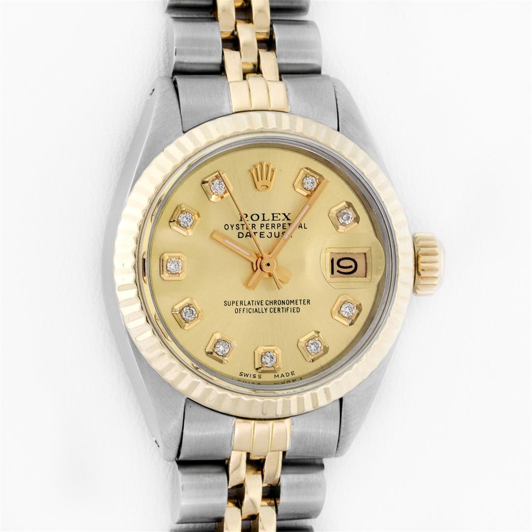 Rolex Ladies Two Tone Champagne Diamond Oyster: One Ladies Pre Owned Two Tone Rolex Datejust Polished, Serviced & Electronically Tested, Yellow Gold & Stainless Steel Case: 26mm, Yellow Gold Crown, Rolex Bezel: Rolex Yellow Gold Fluted Bezel. Custo