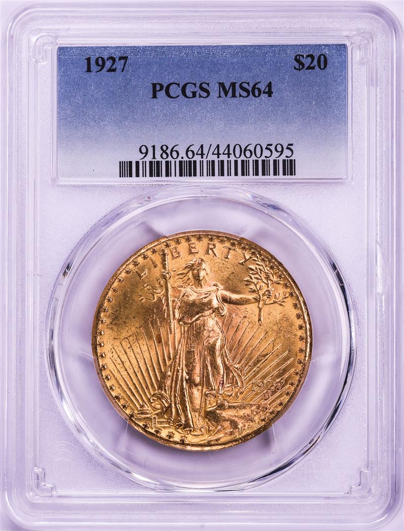 1927 $20 St. Gaudens Double Eagle Gold Coin PCGS MS64: One 1927 $20 St. Gaudens Double Eagle Gold Coin PCGS MS64.