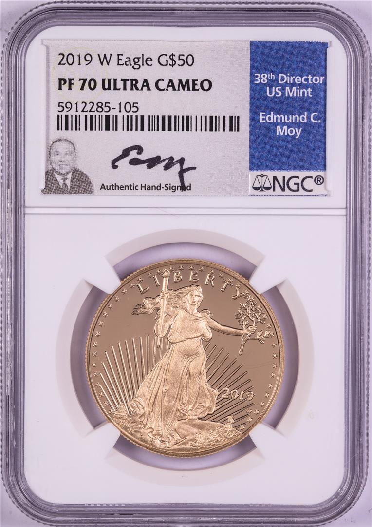2019-W $50 Proof American Gold Eagle Coin NGC PF70: One 2019-W $50 Proof American Gold Eagle Coin NGC PF70 Ultra Cameo Edmund Moy Signature. NGC Certified.